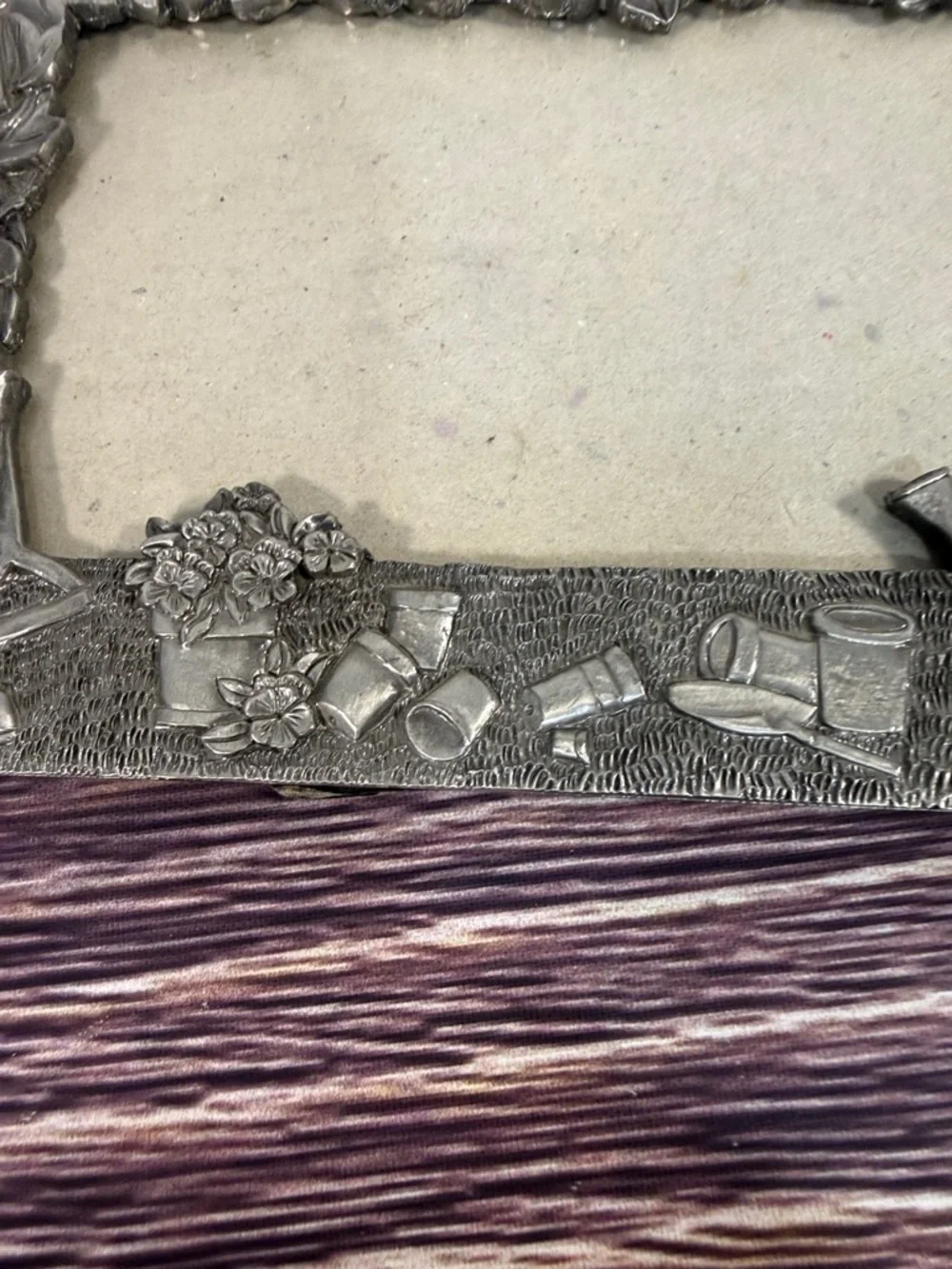Perfect Art Nouveau Pewter Garden Theme Silver Photo Frame. Watering Can Flowers